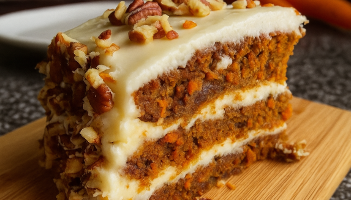 Pastel de zanahoria húmedo con crema de queso y nueces crocantes